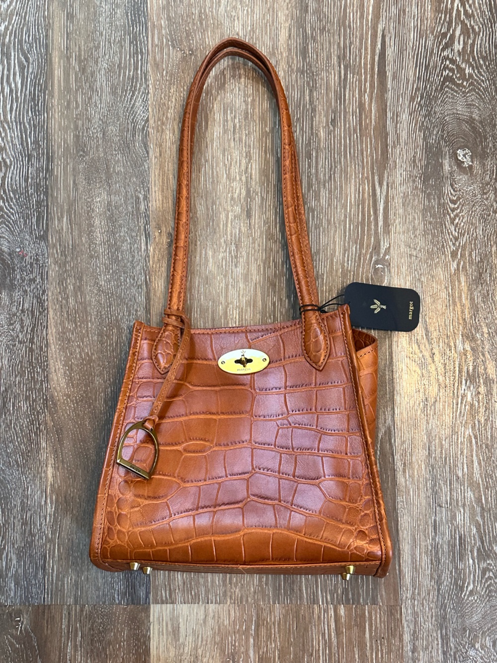 Margot Phoebe Medium Tote Croc-Embossed Cognac Leather